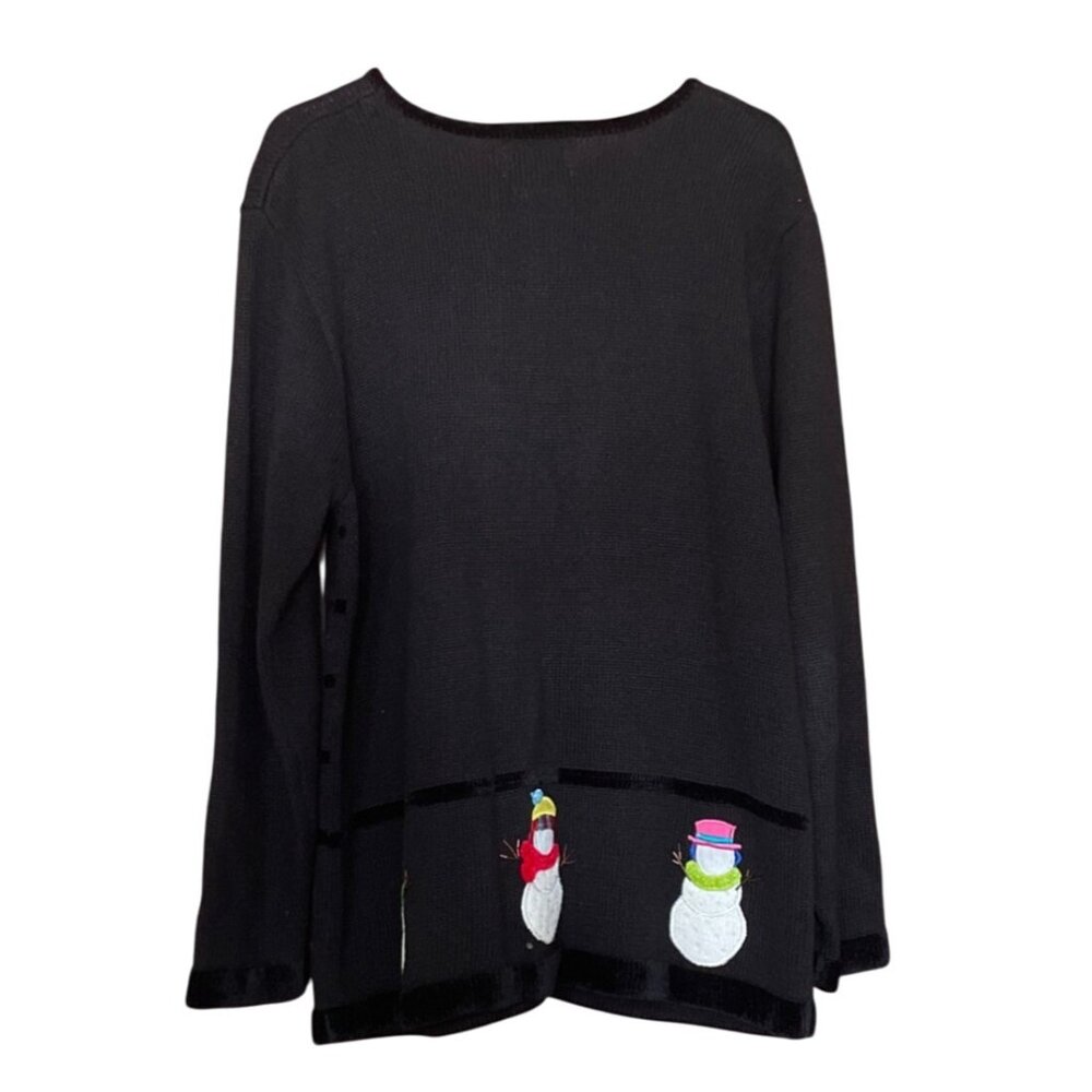 Vtg Quacker Factory Christmas Cardigan Women L w Snowman Snowflake Embellishment - Picture 2 of 9